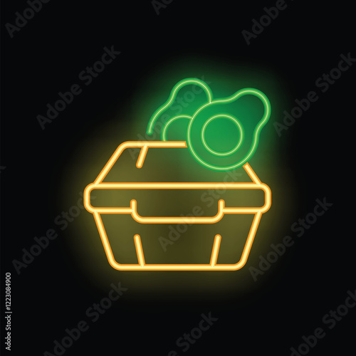 Glowing neon icon of avocado toast in a take away box, representing healthy food delivery