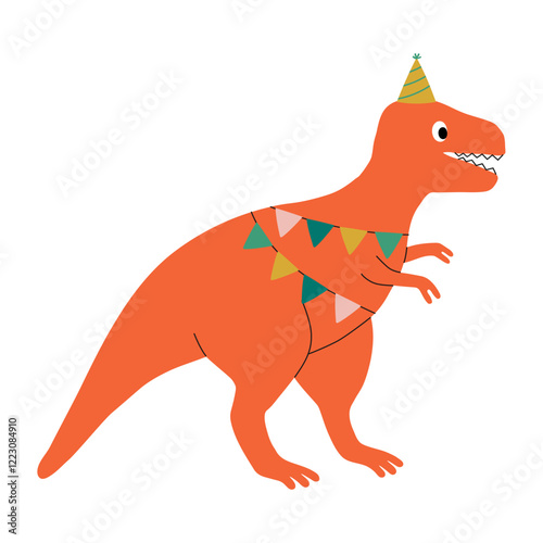 Cute dinosaur tyrannosaurus character with party hat. Design element for invitation, greeting card, print, poster. Isolated vector illustration
