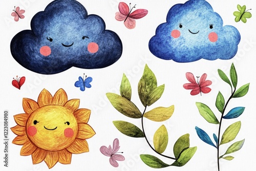 Cheerful illustration of smiling clouds, sun, and vibrant foliage with butterflies on a white background
