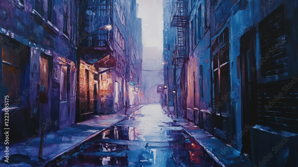 Moody urban alley at night with atmospheric lighting and reflections Moody urban alley at night with atmospheric lighting and reflections
