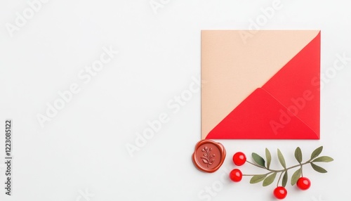 Elegant envelope with red and peach colors, sealed with wax, adorned with berries and foliage