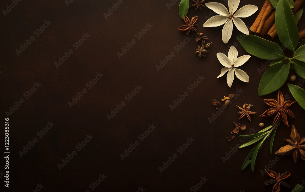 Naklejka premium Cooking surface with herbs and spices. Top view with copy space