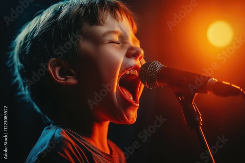A young boy passionately singing into a microphone with vibrant lighting.