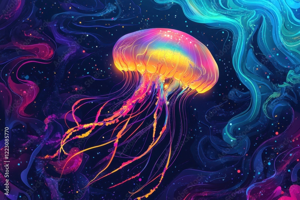 Naklejka premium Vibrant Jellyfish Floating in a Cosmic Dreamlike Ocean Scene