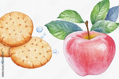 Watercolor illustration of cookies and a red apple with green leaves on a white background