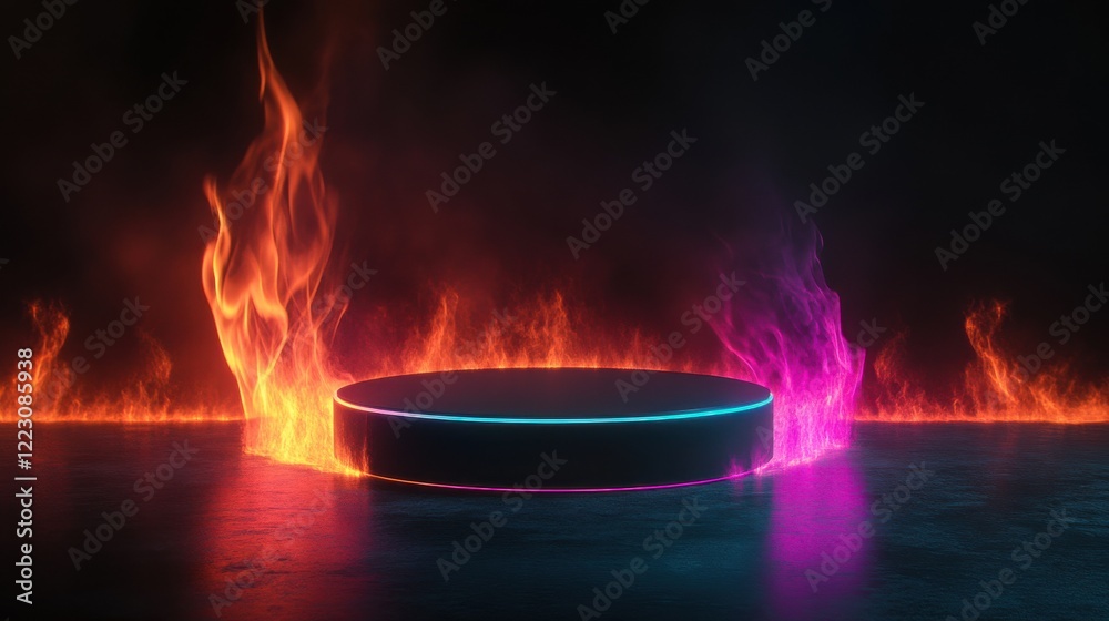 Glowing circular podium surrounded by vibrant flames in dark ambiance