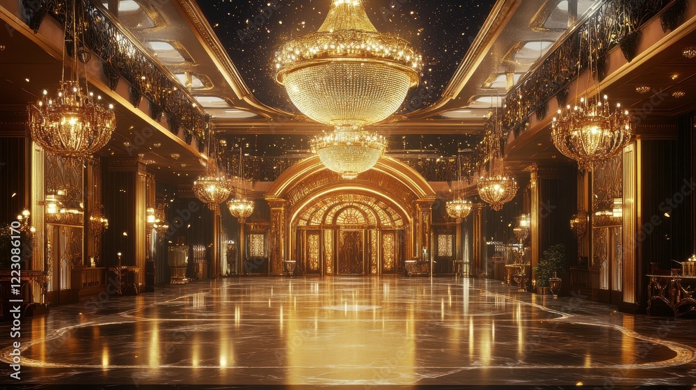 Obraz premium Luxurious grand ballroom with glittering chandeliers and ornate gold detailing