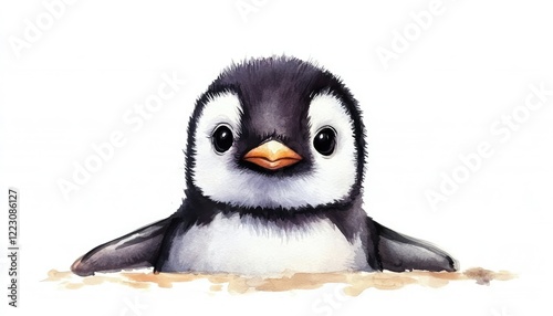 Cute penguin chick peeking out from the snow, surrounded by a serene winter landscape