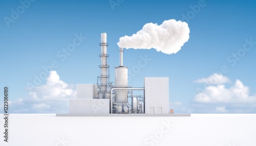 Industrial facility with smokestack emitting clouds under a clear blue sky, showcasing modern manufacturing