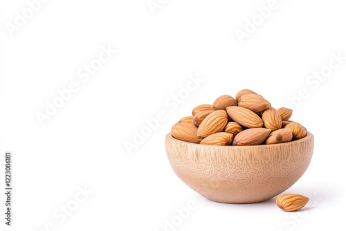 A wooden bowl filled with raw almonds, isolated against a clean white background, showcasing healthy snacking