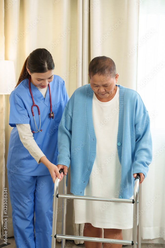 Fototapeta premium Nurse helping elderly woman walk with walker during rehabilitation session at home. Highlights compassionate healthcare, support, and focus on improving mobility and recovery.