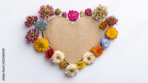 Corazón de papel cartón con flores alrededor fondo blanco