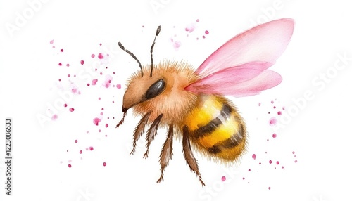 Close-up of a vibrant honeybee with delicate pink wings surrounded by soft pink speckles