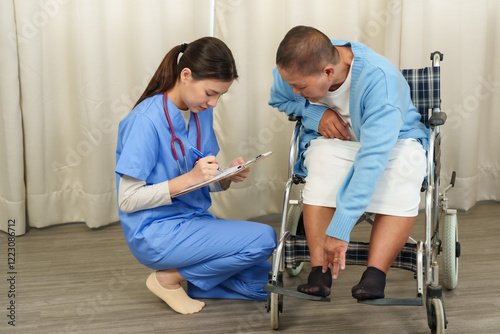 Nurse assisting elderly woman in wheelchair during physiotherapy session. Focus on mobility improvement, compassionate care, and personalized support in a recovery-focused environment.