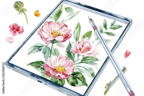 Digital tablet displaying a vibrant watercolor floral illustration with nearby artistic tools