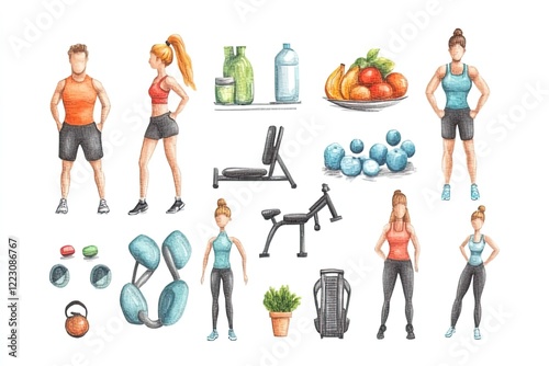 Illustrative collection of fitness-related characters, gym equipment, and healthy food items