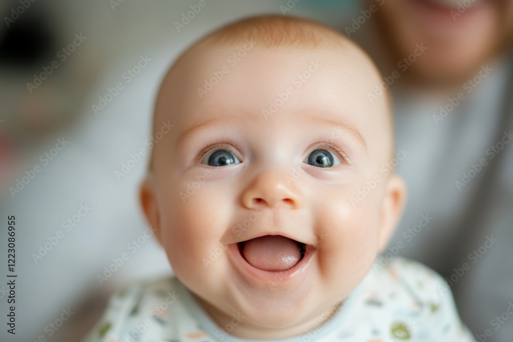 A joyful baby with blue eyes and light hair beams a wide smile while sitting comfortably indoors.