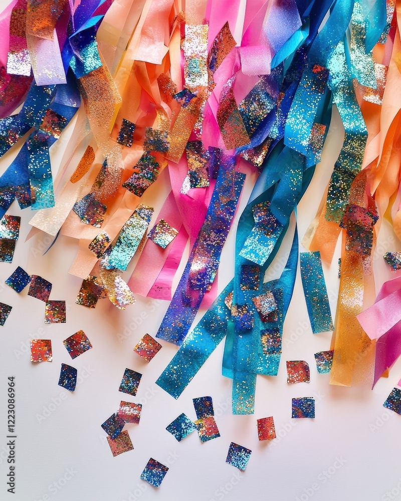 Fototapeta premium Shiny streamers and bold, glittery confetti pieces bursting outwards on a clean white background