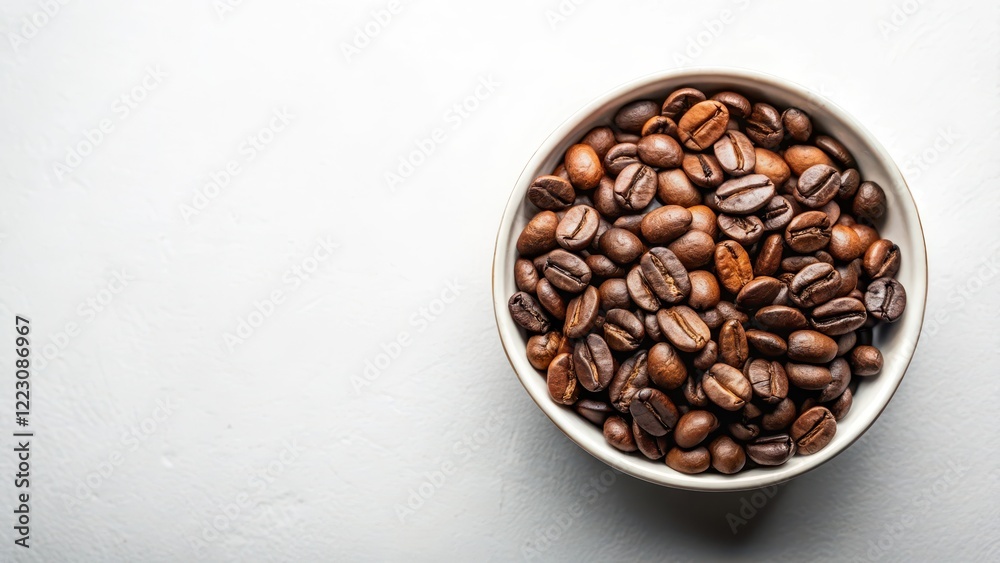 Fototapeta premium Freshly roasted coffee beans in a bowl with a minimalist white background, highlighting the texture and color of the coffee grounds , white background, kitchen
