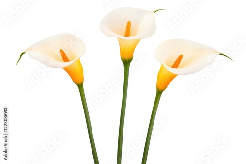 Three elegant calla lilies with creamy white petals and vibrant yellow throats against a plain backdrop