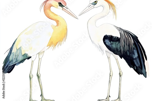 Two elegant storks standing side by side, showcasing vibrant plumage in a serene environment