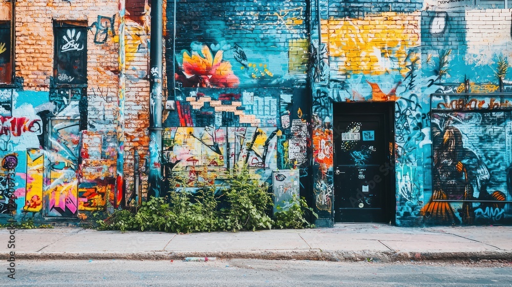 A vibrant graffiti wall featuring colorful street art and urban designs.