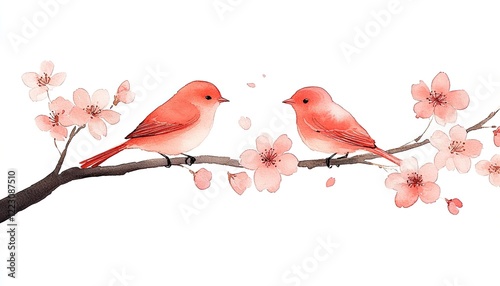 Two vibrant pink birds perched on a branch surrounded by delicate cherry blossoms in spring