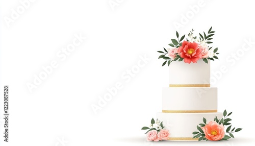 Elegant three-tier wedding cake adorned with fresh flowers and greenery, set against a white background