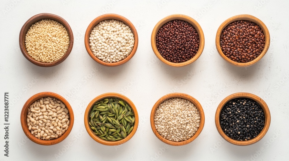 Eight small wooden bowls filled with various grains and seeds on white background.
