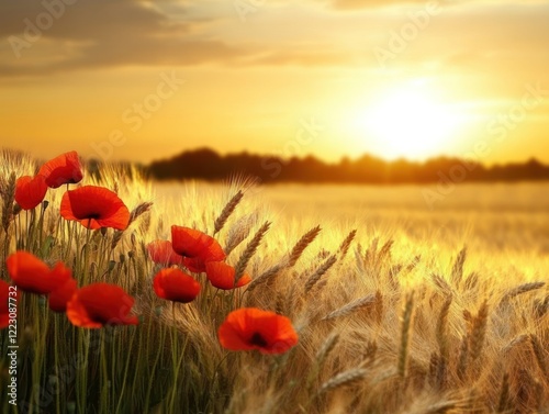 Golden sunset over a field of poppies and wheat creating a warm serene scenery