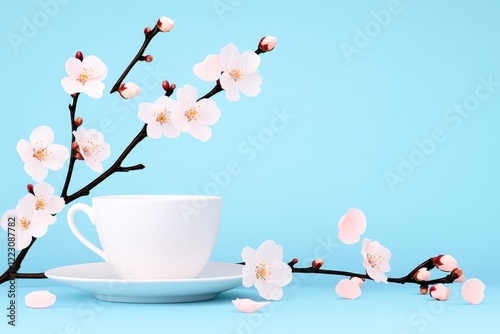 White cup on a saucer surrounded by delicate cherry blossoms against a light blue backdrop