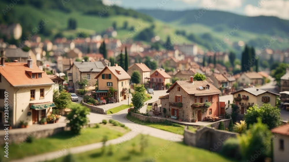 Fototapeta premium A close-up, miniature-style view of a residential neighborhood featuring various houses with colorful roofs.
