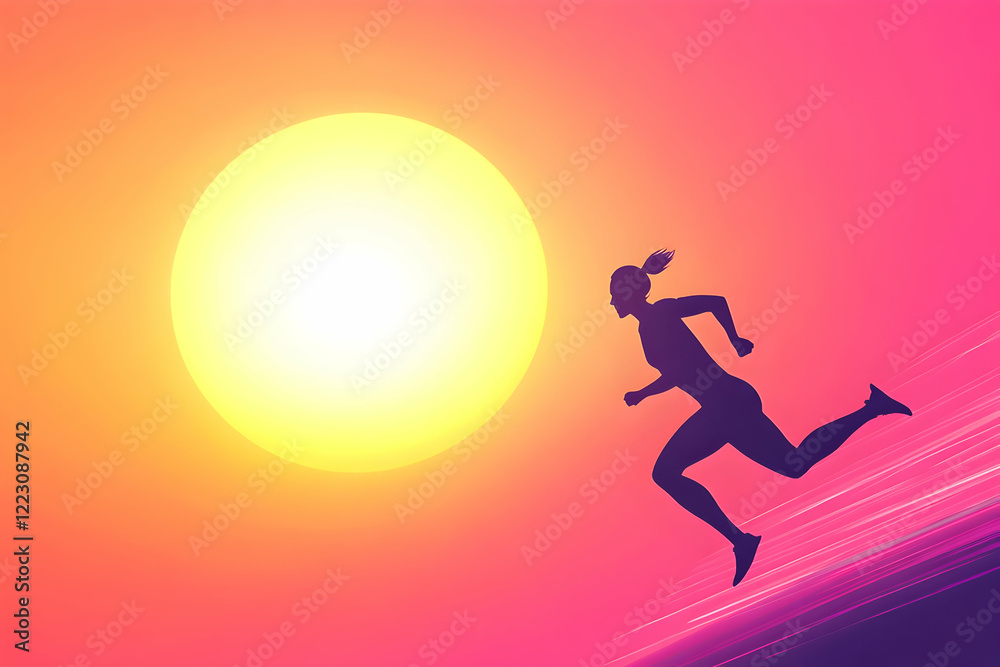 Woman running towards a vibrant sunset, embracing the energy of the moment and the beauty of nature Woman running towards a vibrant sunset, embracing the energy of the moment and the beauty of nature