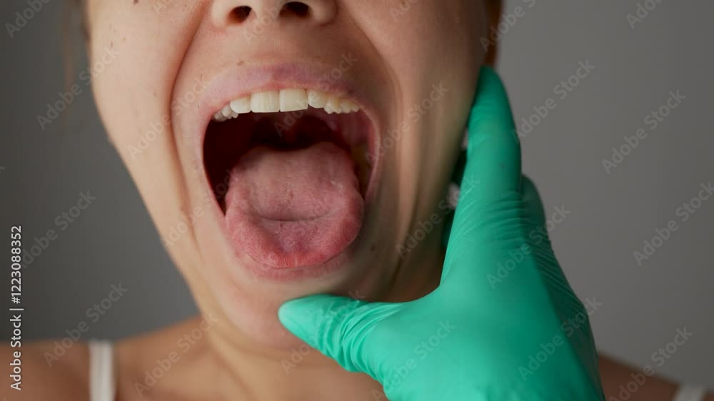 Doctor's hand in a green glove opens the female patient's mouth by examining the inflamed red throat on dark grey background. Examination at the otolaryngologist. Flu, cold, tonsillitis, sars virus