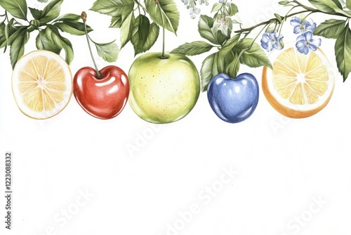Vibrant watercolor illustration of assorted fruits hanging from lush green branches with flowers