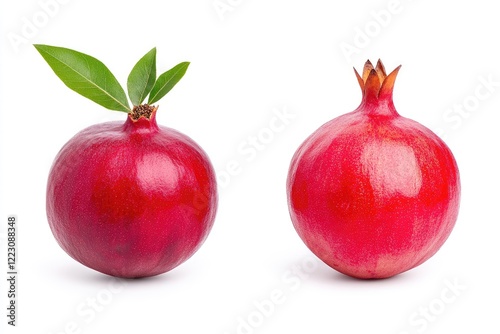 Two ripe pomegranates showcasing vibrant red skin and green leaves on a white background