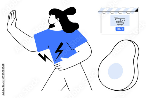 Person with gesture of stopping in front of online shopping icon and avocado. Ideal for e-commerce, health awareness, consumer behavior, diet choices, minimalism, digital detox, abstract line flat
