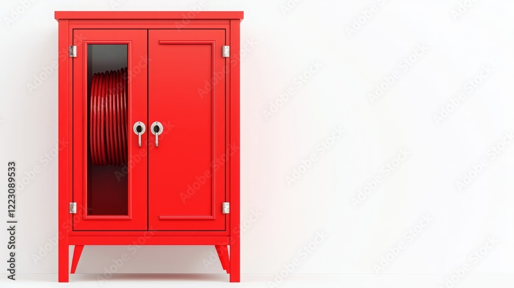 Fire hose building industrial. A vibrant red cabinet with two doors and a glass panel, showcasing neatly arranged items inside, set against a minimalist white wall. Fire hose building industrial. A vibrant red cabinet with two doors and a glass panel, showcasing neatly arranged items inside, set against a minimalist white wall.