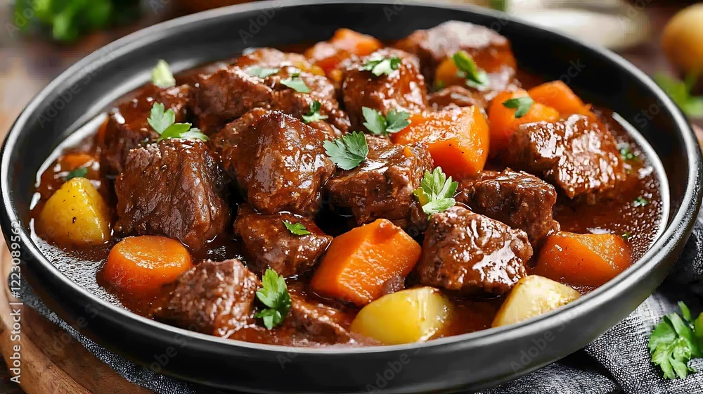 A rich beef stew with tender chunks of meat, carrots, and potatoes in a thick gravy A rich beef stew with tender chunks of meat, carrots, and potatoes in a thick gravy