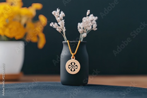 Minimalist black vase with dried flowers and decorative pendant on a wooden surface