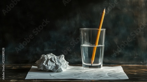 Pencil in water glass with crumpled paper on table against dark background