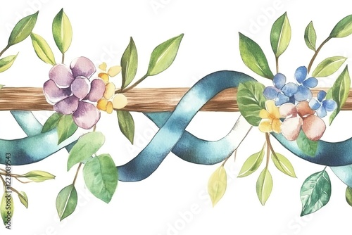 Colorful watercolor floral arrangement with leaves and ribbons, ideal for decorative design use