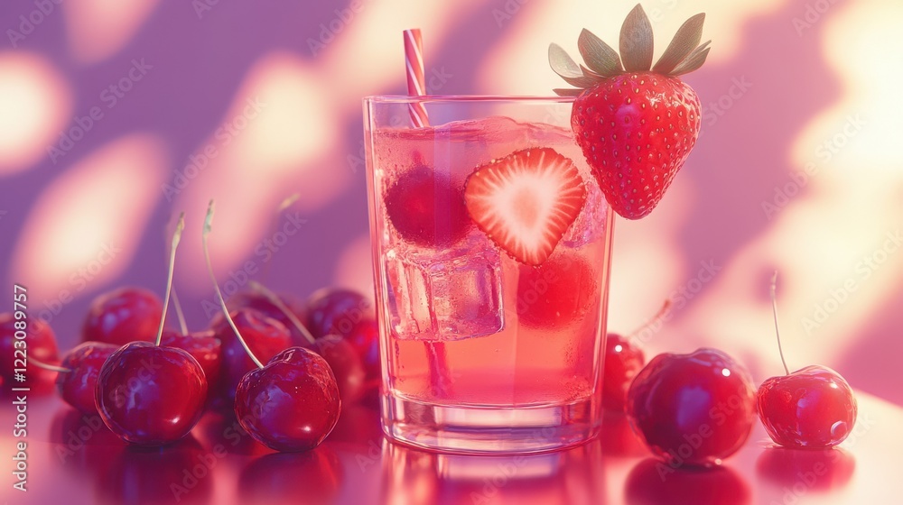 Refreshing strawberry cherry cocktail with ice in sunlit glass Refreshing strawberry cherry cocktail with ice in sunlit glass