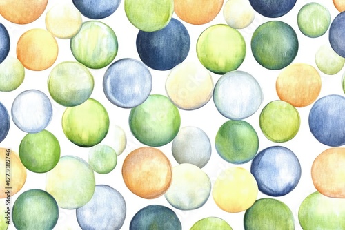 Colorful watercolor circles in various sizes creating a vibrant abstract pattern on a white background