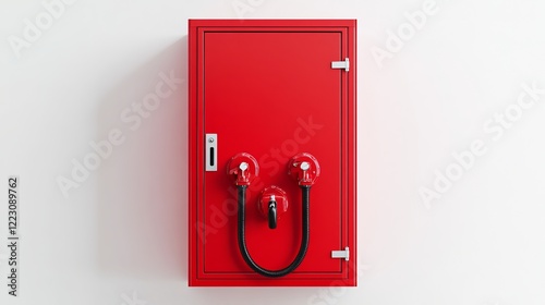 Fire hose building industrial. A bright red fire hose cabinet mounted on a wall, featuring two distinct hose outlets and a sturdy locking mechanism. photo