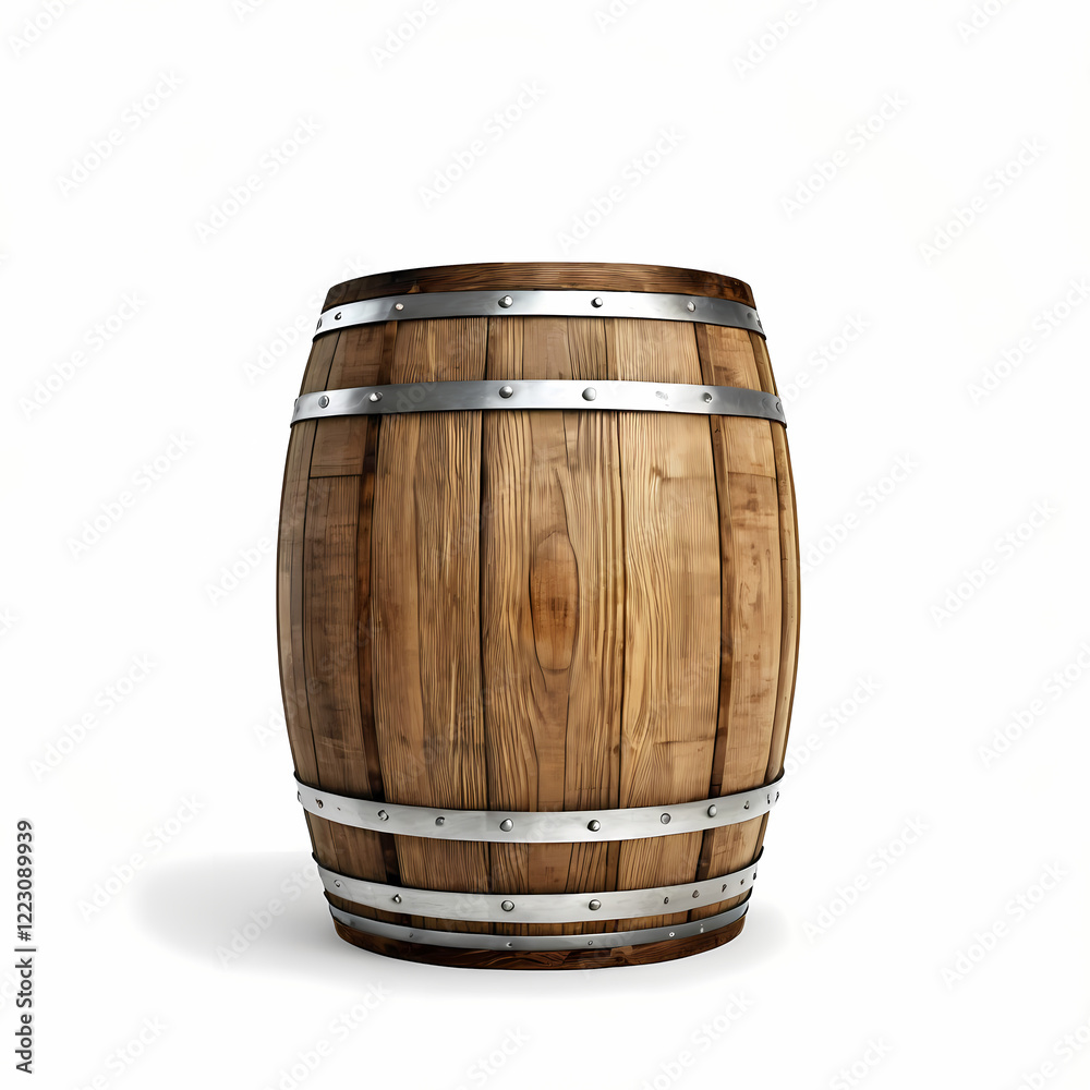 Obraz premium A sturdy wooden oak barrel, neatly displayed against a clean white or transparent backdrop 