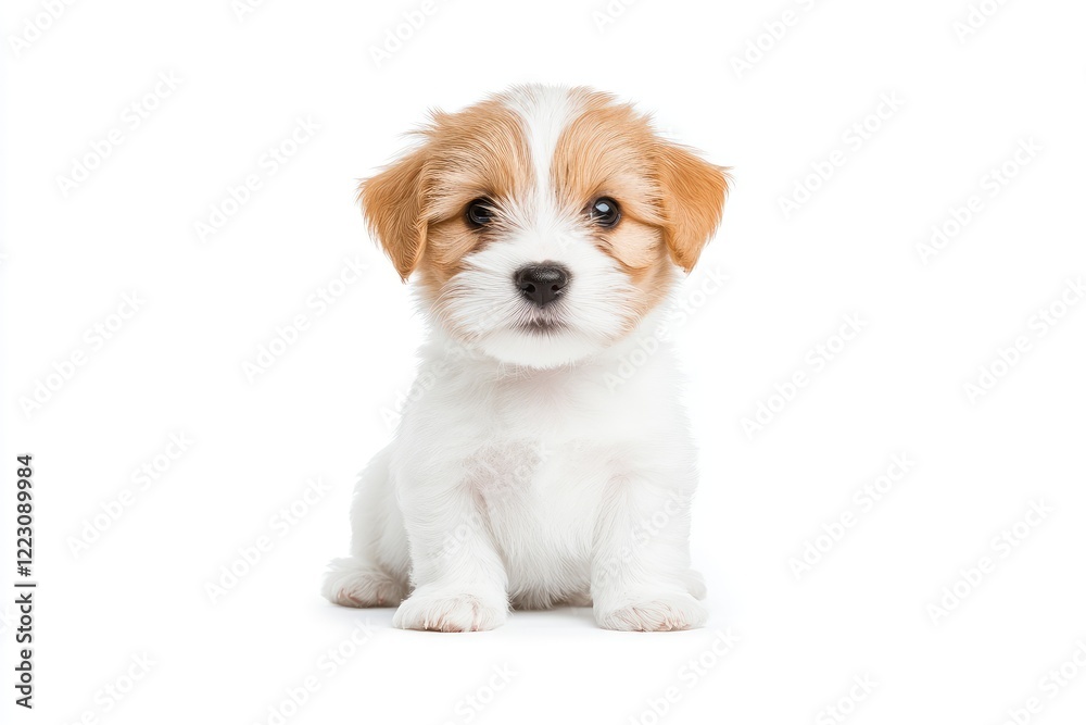 Adorable puppy sitting on a white background, showcasing its playful nature and charm Adorable puppy sitting on a white background, showcasing its playful nature and charm