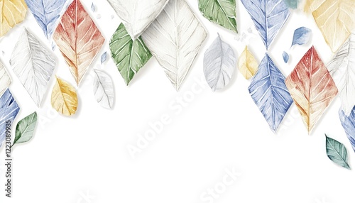 Colorful watercolor leaves arranged in a decorative pattern with a white background, ideal for design