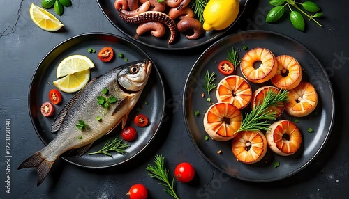 Assorted Seafood and Grilled Fruit Platter on Dark Surface with fresh herbs photo