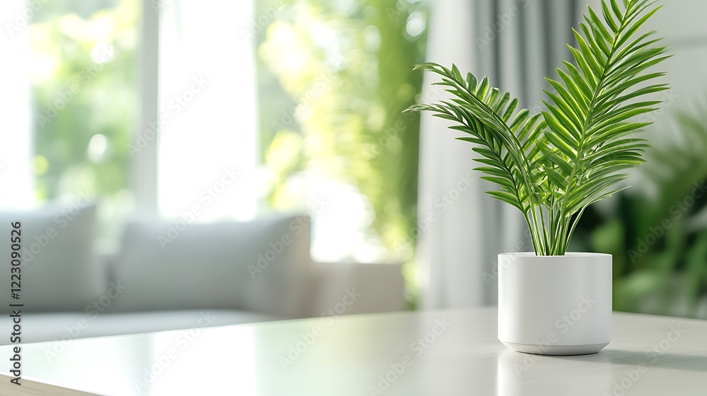 Vibrant green plant in a white pot sits on a sleek table, a blurred living room background with soft light streaming through the window